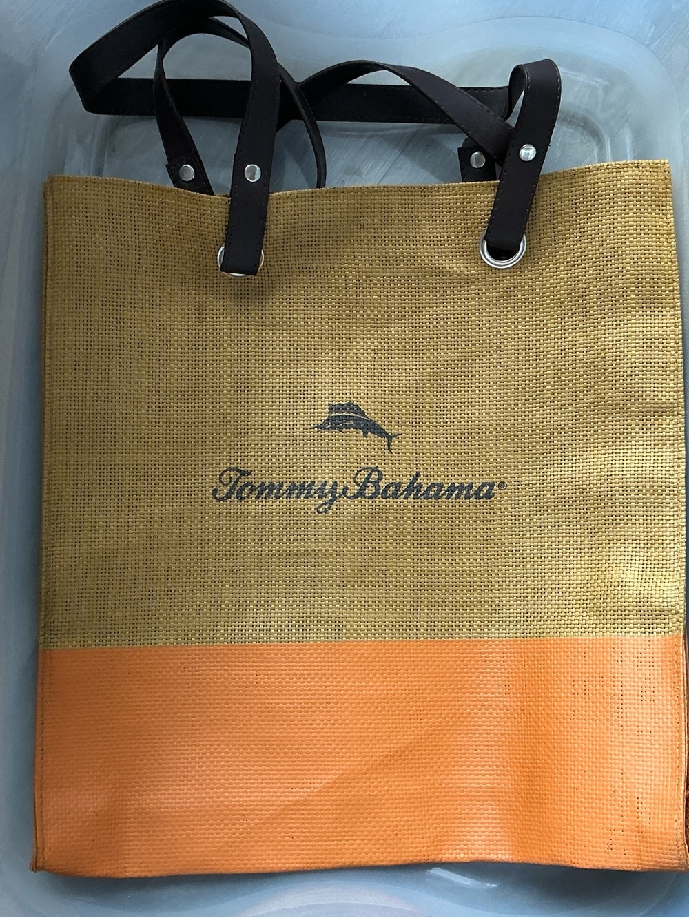 Tommy Bahama Yellow and Orange Jute Tote with Dark Leather Handles
